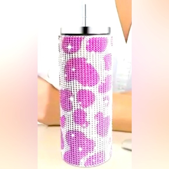 Pink/White Cow Print Stainless Steel Insulated Water Bottle w/Lid & Straw, NWOT - Picture 3 of 4